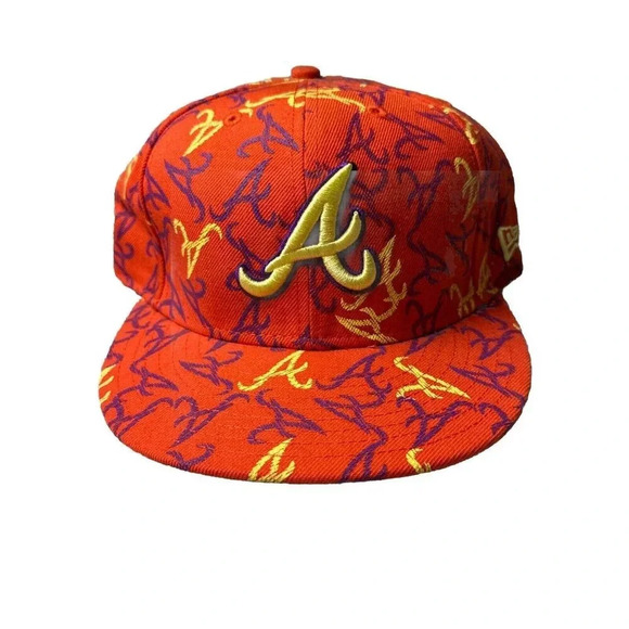 Atlanta Braves Hat New Era 59Fifty All Over Print Baseball Cap Orange 7 5/8 New - Picture 1 of 16